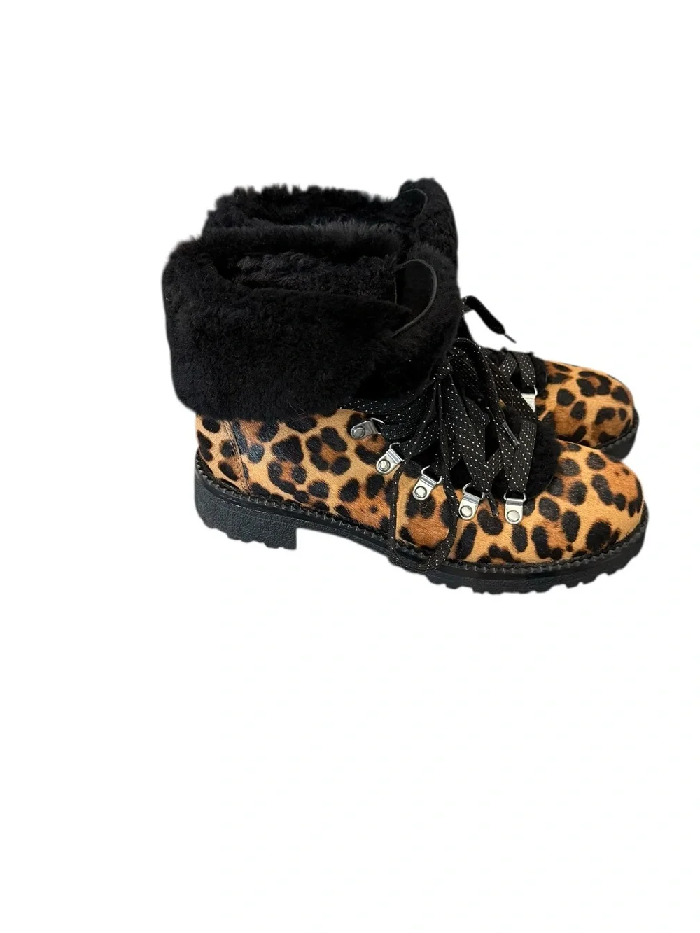 J. Crew Nordic Boots In Leopard Calf Fur Cuff Hiking Ankle Boots